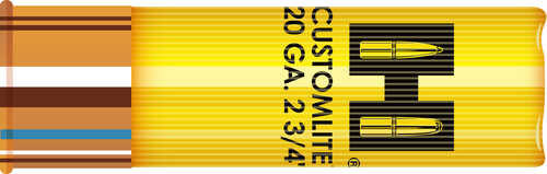 A yellow 20-gauge shotgun shell labeled CUSTOMLITE with 20 GA. 2 3/4 in black, two bullet illustrations, and brown stripes on the left, is ideal for Hornady fans seeking reliable 250 Gr Sabot Slug #Sabot performance.