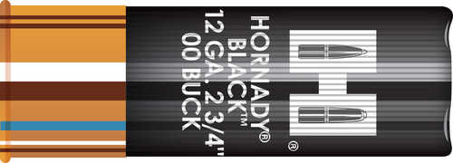A close-up of Hornady 12 Gauge Buckshot 10 Rounds Ammunition Black shows the shotshell with “00 Buck” and white graphics on a sleek black background.
