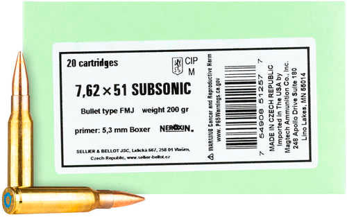 Sellier And Bellot 308 Winchester 200 Grain FMJ Subsonic Ammo 20 Rounds