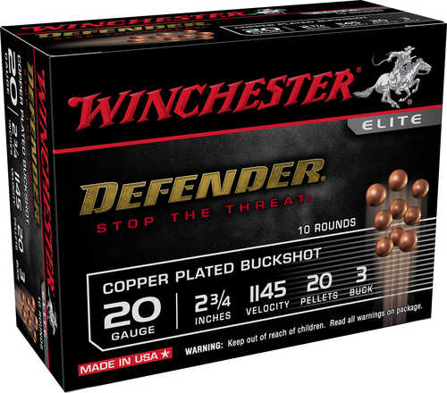 Winchester 20 Gauge Defender Copper Buckshot, 10-round box: Each 2 3/4 shell contains 20 copper-plated buckshot pellets for personal defense.