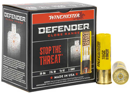 A box of Winchester Defender 20 Gauge 2.75 Inch Shot Shells (10 rounds) by Winchester is shown with two yellow shells beside it; the box features target imagery and Stop the Threat in red, highlighting its personal defense use.