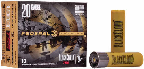 A box of Federal Black Cloud TSS 20 Gauge 3 Inch 1 Oz 9 Shot Ammo by Federal is shown with two yellow shotgun shells. The packaging features images of flying ducks and bold branding.