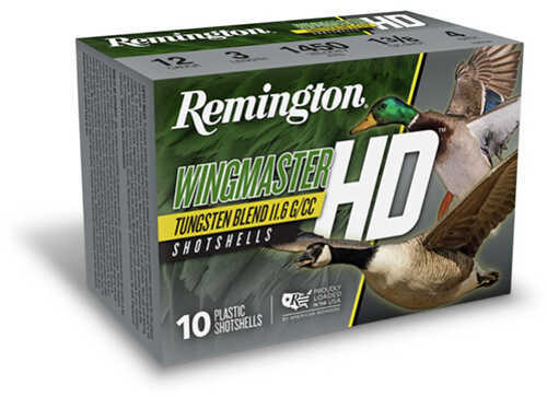 A 10-round box of Remington Wingmaster HD 20 Gauge Tungsten Blend Ammo from Remington, featuring premium tungsten shot for superior performance and displaying images of a duck and goose in flight.