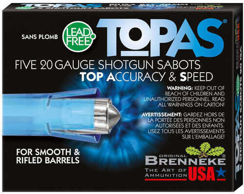 Box of Brenneke TOPAS Lead Free Sabot 20 ga. 2 3/4 in. 1/2 oz., 5 rounds (Model: SL-202TOPN), for smooth and rifled barrels; packaging shows the sabot and highlights top accuracy and speed.