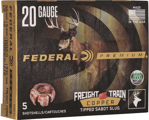 Federal Premium Freight Train 20 Ga 3 Slug Shot Ammo, 5-round box by Federal, features “Tipped Sabot Slug,” “Lead Free,” copper slug and deer images on the box. Contains 5 frangible slug shells.