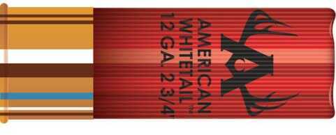 A red Hornady 12 Gauge 2.75 1 oz Rifle Slug shell features AMERICAN WHITETAIL and a deer antler graphic—ideal for deer hunting. The brass-colored base sports blue and gold stripes; available in a 5 round box.