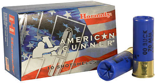 A box of Hornady 12 Gauge Gunner 00 Buck Ammunition (10 Rounds) is pictured next to two blue shotgun shells with brass bases. The box features the Hornady logo, an American flag design, and indicates it contains 10 rounds.