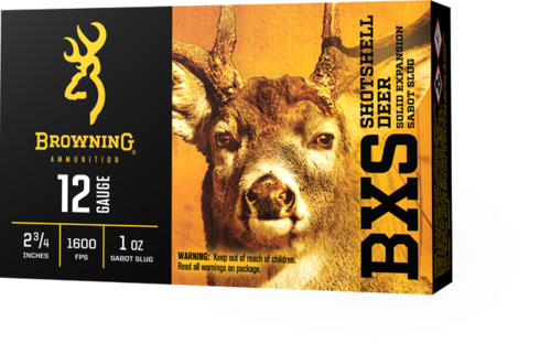 A box of Browning 20ga 2-3/4 3/4oz Sabot Slugs (5 per box), showcasing Browning’s signature yellow-black branding and reliable performance, ideal for hunters seeking quality shotgun ammunition.