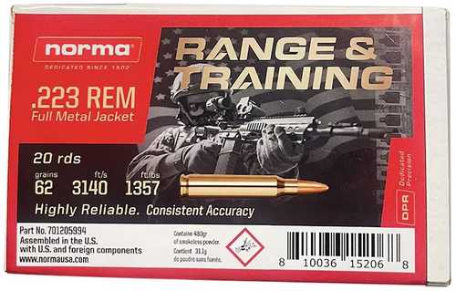 Norma Ammunition 223 Rem 62 Grain FMJ 20 Rounds Per Box