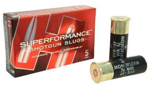 A red box of Hornady 12 Gauge 5 Rounds Ammunition, 2 3/4 300 Gr Sabot Slug, is shown next to two black shotgun shells with gold bases labeled MonoFlex 12 GA 76 mm 65 bar.
