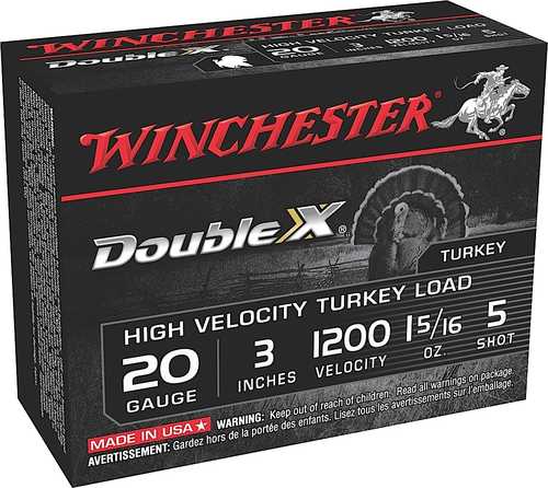 A box of Winchester Double-x Turkey Load 20 ga 3 #5, 10 rounds by Winchester, featuring bold turkey graphics in red, black, and silver packaging.