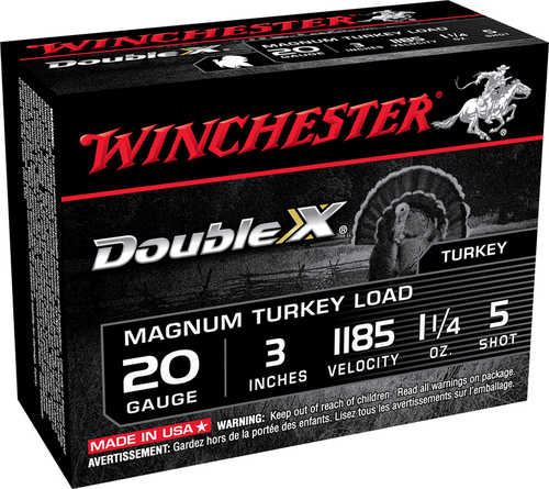 A black box of Winchester Double X Magnum Turkey 20 Gauge Ammo, 3 shells, copper-plated #5 shot, 1 1/4 oz, 1185 fps. The box shows a turkey and bold red and white text. Contains 5 rounds. Brand: Winchester.