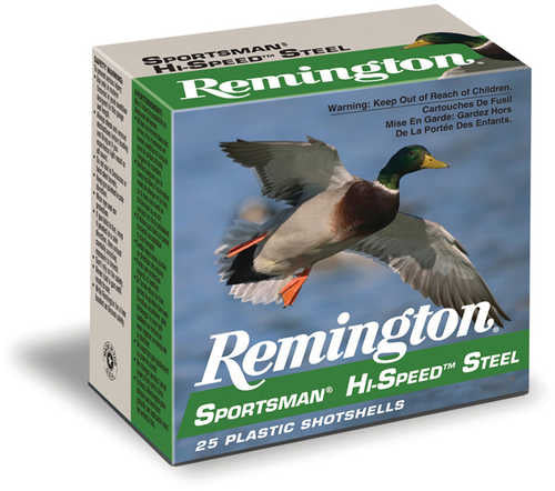 A box of Remington Hi Speed Steel Shot 20 Ga 3in #2 (Model 20879) by Remington, featuring a mallard duck image. Contains 250 non-toxic steel shotshells and displays hunting and safety info on the packaging.