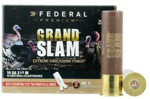 A box of Federal Grand Slam Turkey 10 Gauge 3.5 Inch 2 Oz #5 Shot by Federal, featuring FLITECONTROL Flex Wad for extreme knockdown power. The package shows a turkey image, with one shell standing and another lying flat.
