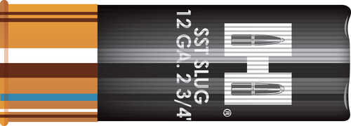 A close-up of a black and brown Hornady 12 Gauge 2 3/4 #Sabot shotgun shell labeled SST SLUG, featuring white text, bullet graphics, and a 300 gr slug for accurate hunting performance.