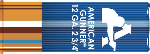 A blue Hornady 12 Gauge 2 3/4 shell, labeled AMERICAN GUNNER, with a white shooter silhouette and brown, blue, and gold stripes. Brand: Hornady. Product: 12 Gauge 5 Rounds Ammunition, 1 oz Slug #Slug.
