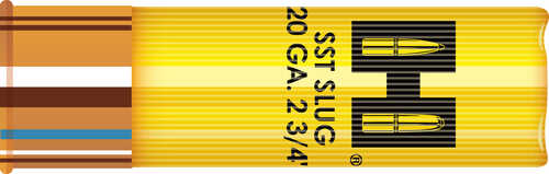 Hornady 20 Gauge 2 3/4 250 Gr Slug ammo comes in yellow shells with brown, white, and blue banded brass bases, black SST SLUG 20 GA. 2 3/4 text, and two bullet icons—perfect for your 20 gauge slug gun.