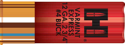 A red Hornady 12 Gauge Buckshot 2¾ shell labeled Varmint Express features #4 Buck, bullet illustrations, black text, and a brass base with blue and brown bands. Sold in boxes of 10 rounds.