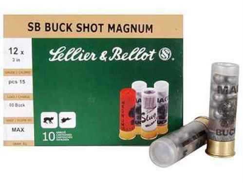 A box of Sellier & Bellot 12 Gauge 3 Inch 15 Pellets 00 Buckshot shotgun ammo, with two shells in front. Packaging shows specs, making it suitable for home defense. Brand: Sellier & Bellot.