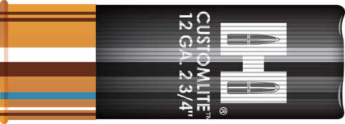 A black 12 gauge Hornady Sabot Slug shell labeled Custom Lite 2-3/4, with white text and colored bands—300 gr reduced recoil ammo for controlled performance; comes in a 5-round box.