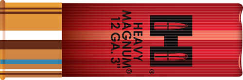 The Hornady 12 Gauge 3 Inch Shotgun Shells Buckshot feature a red casing with “HEAVY MAGNUM 12 GA. 3” in black, brass base, blue and brown stripes, and nickel plated lead shot for superior performance. Box contains 10 rounds.